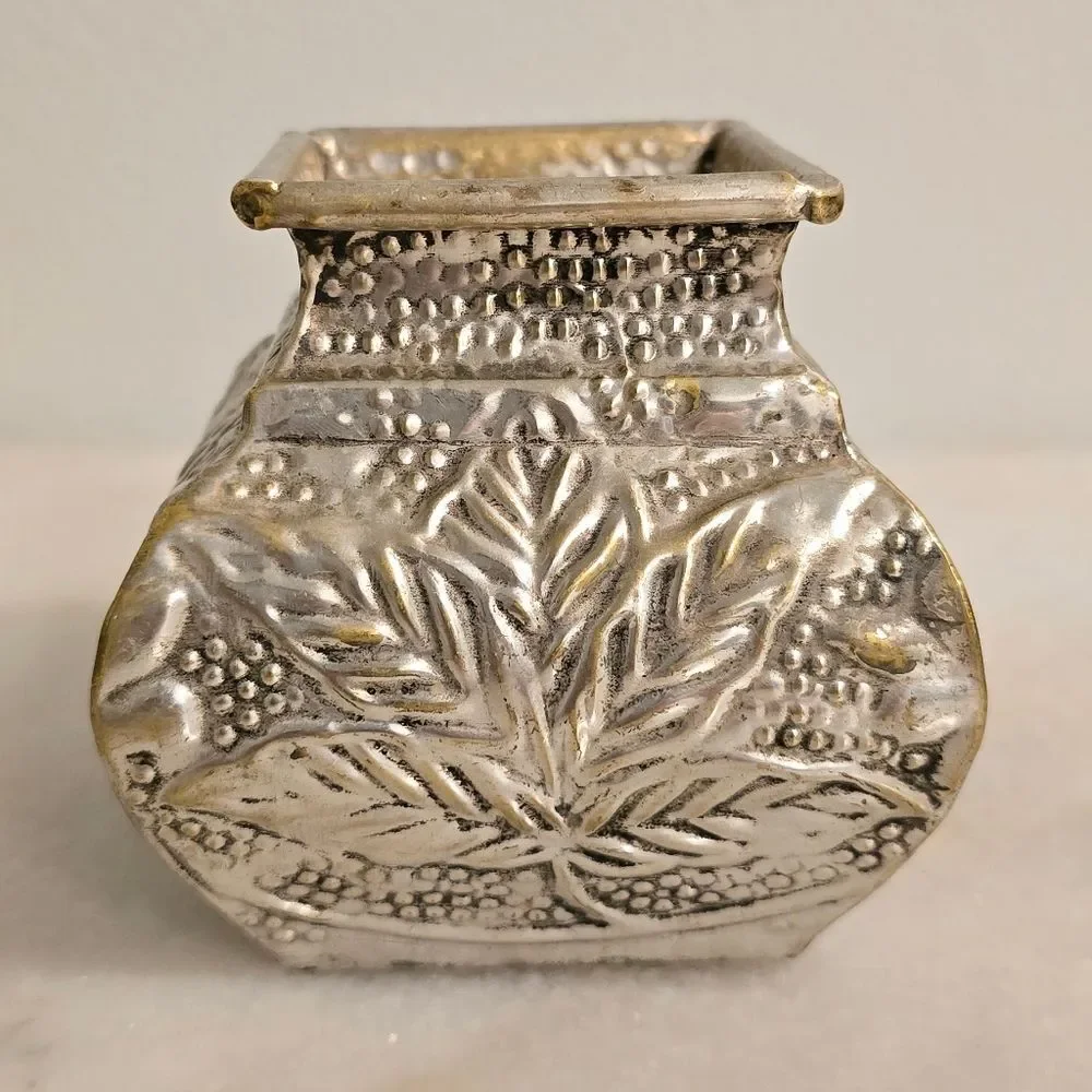 Vintage Grapes Leaves Embossed Metal Vase Planter?